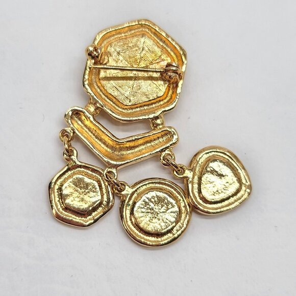 Lion Head Dangle Brooch Red Green Intaglio Medallions Etruscan Gold Tone Pin - Picture 4 of 6